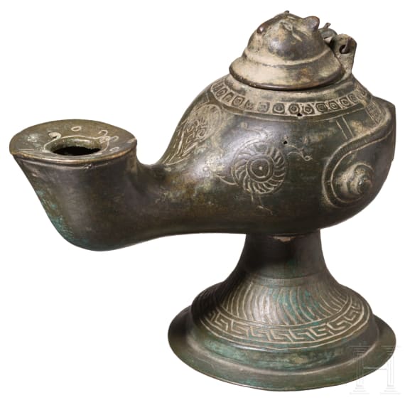 Decorated bronze oil lamp, Seljuk, 12th &ndash; 13th century.