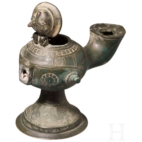 Decorated bronze oil lamp, Seljuk, 12th &ndash; 13th century.