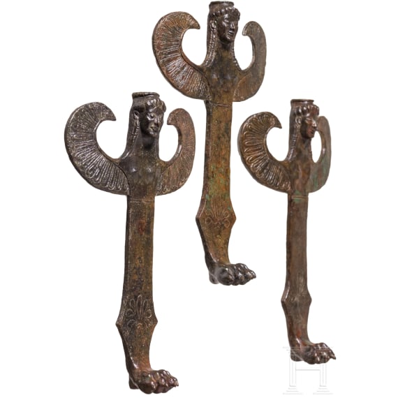 Three bronze figurines in the form of sirens, Greek, third quarter of the 6th century B.C.