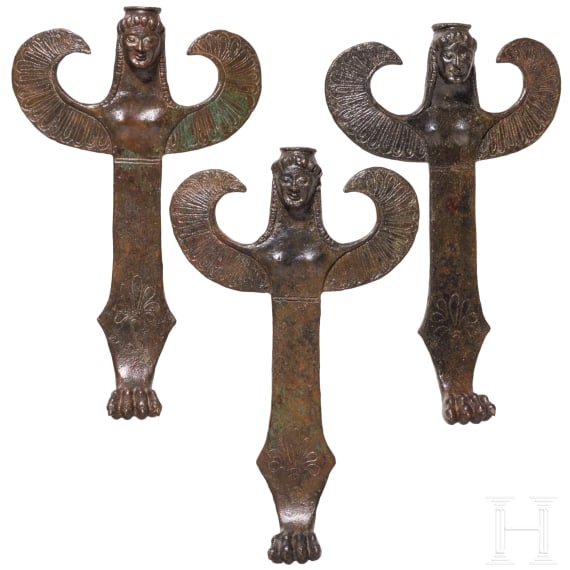 Three bronze figurines in the form of sirens, Greek, third quarter of the 6th century B.C.