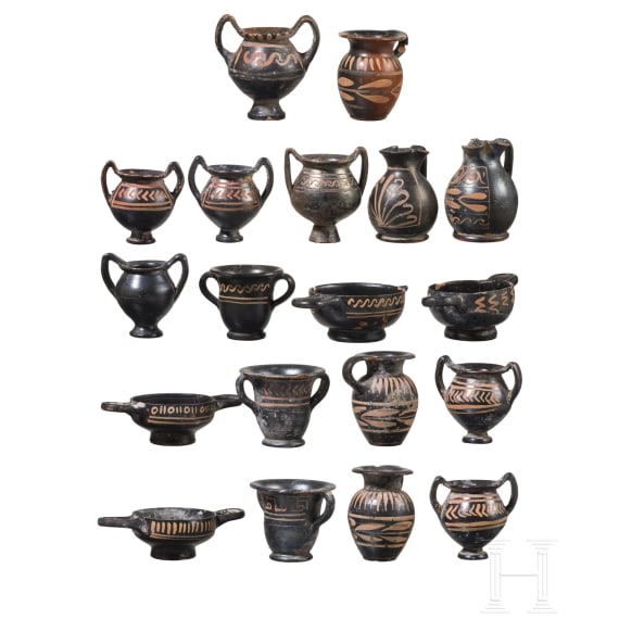 19 miniature vessels in black slip ware, Southern Italy, 4th&ndash;3rd centuries B.C.