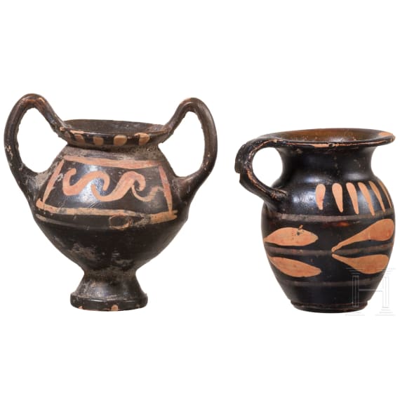 19 miniature vessels in black slip ware, Southern Italy, 4th&ndash;3rd centuries B.C.