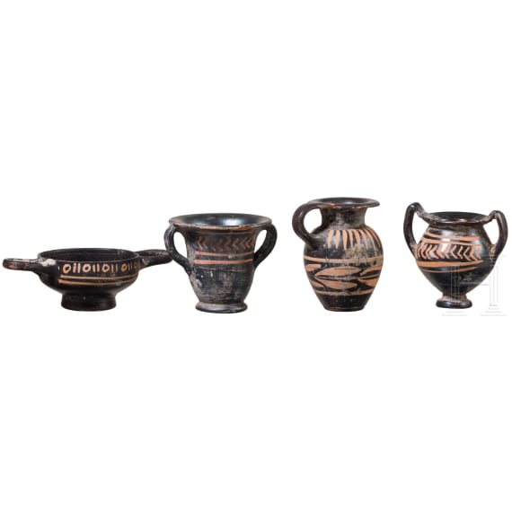 19 miniature vessels in black slip ware, Southern Italy, 4th&ndash;3rd centuries B.C.