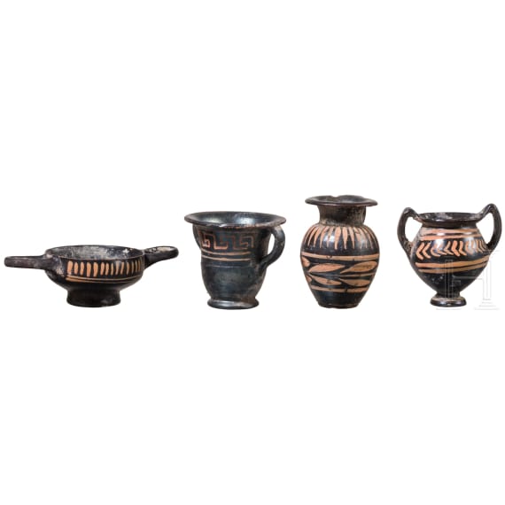 19 miniature vessels in black slip ware, Southern Italy, 4th&ndash;3rd centuries B.C.