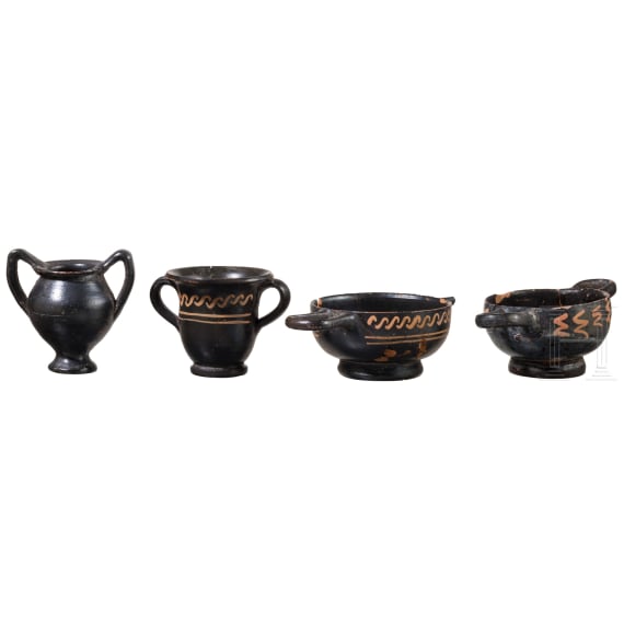 19 miniature vessels in black slip ware, Southern Italy, 4th&ndash;3rd centuries B.C.