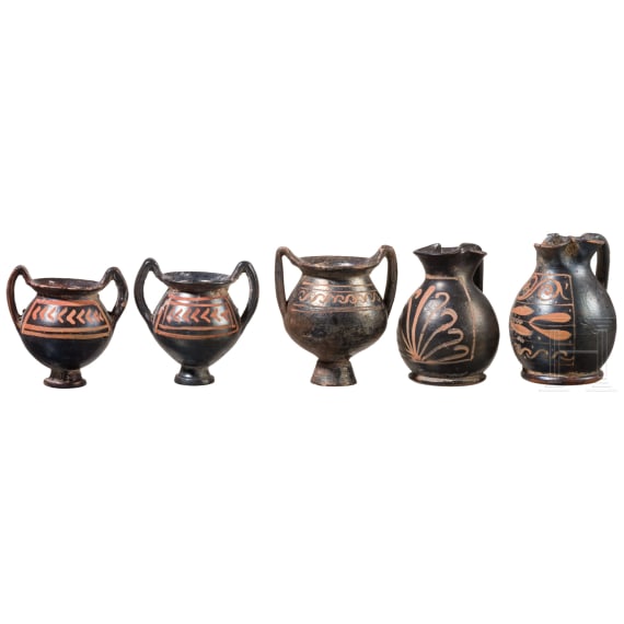 19 miniature vessels in black slip ware, Southern Italy, 4th&ndash;3rd centuries B.C.