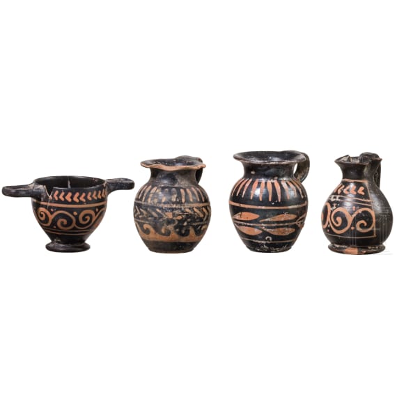 19 miniature vessels in black slip ware, Southern Italy, 4th&ndash;3rd centuries B.C.