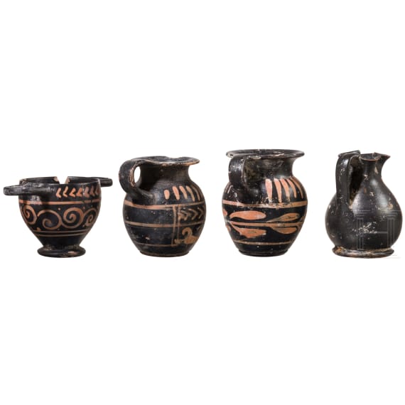 19 miniature vessels in black slip ware, Southern Italy, 4th&ndash;3rd centuries B.C.