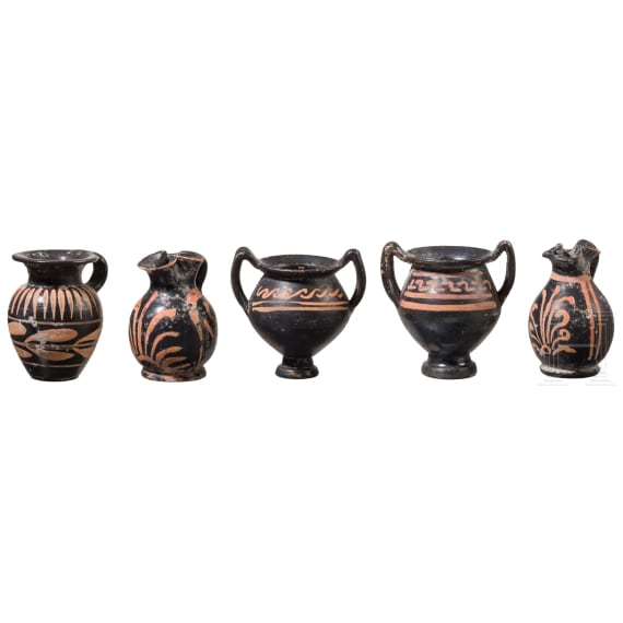 19 miniature vessels made of black-ground glossy earthenware, southern Italy, 4th&ndash;3rd centuries B.C.