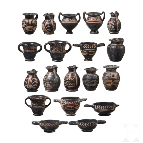 19 miniature vessels made of black-ground glossy earthenware, southern Italy, 4th&ndash;3rd centuries B.C.