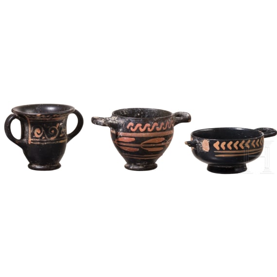 19 miniature vessels made of black-ground glossy earthenware, southern Italy, 4th&ndash;3rd centuries B.C.