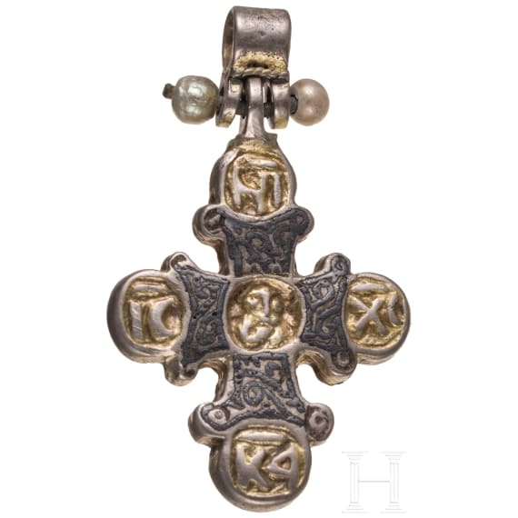 Silberkreuz mit Inschrift und Dekor in Niello, mittelbyzantinisch, 9. - 12. Jhdt.