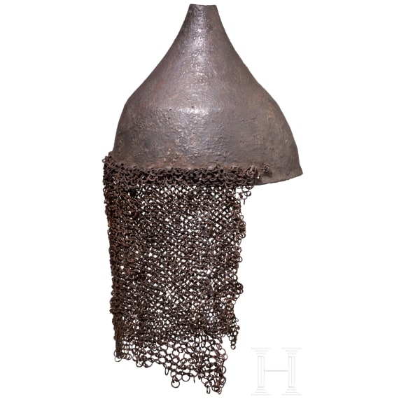 Iron helmet with a conical top and a mail neck guard, Russian forest-steppe region, 12th&ndash;13th centuries A.D.