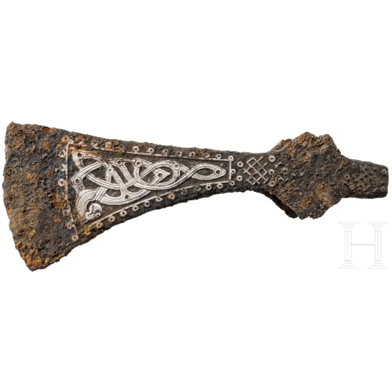 A Viking battle axe made of iron with silver inlays in the Jelling style, 10th century