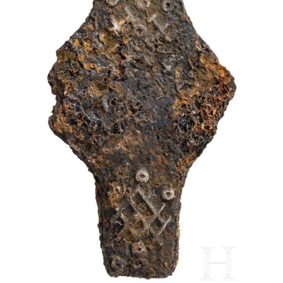 A Viking battle axe made of iron with silver inlays in the Jelling style, 10th century