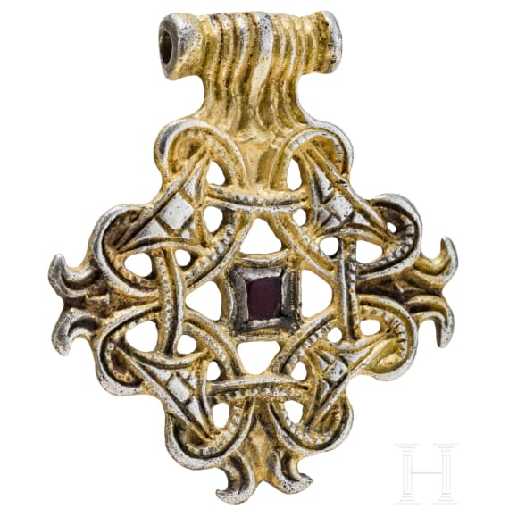 Gold-plated silver pendant with a cross-shaped braided cord, Viking, 10th century.