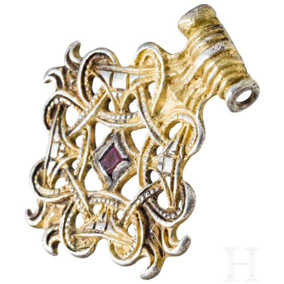 Gold-plated silver pendant with a cross-shaped braided cord, Viking, 10th century.