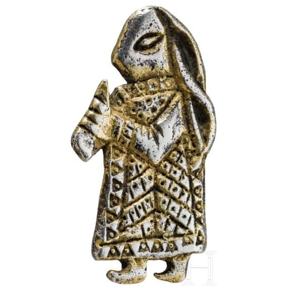 Gold-plated silver pendant in the shape of a Valkyrie with a drinking horn, Viking, 10th century.