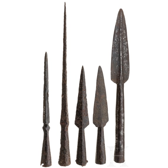 Three iron lanceheads and two lance ferrules, Roman &ndash; Early Medieval, 1st&ndash;10th centuries.