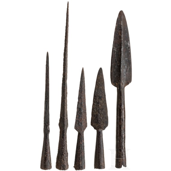 Three iron lanceheads and two lance ferrules, Roman &ndash; Early Medieval, 1st&ndash;10th centuries.