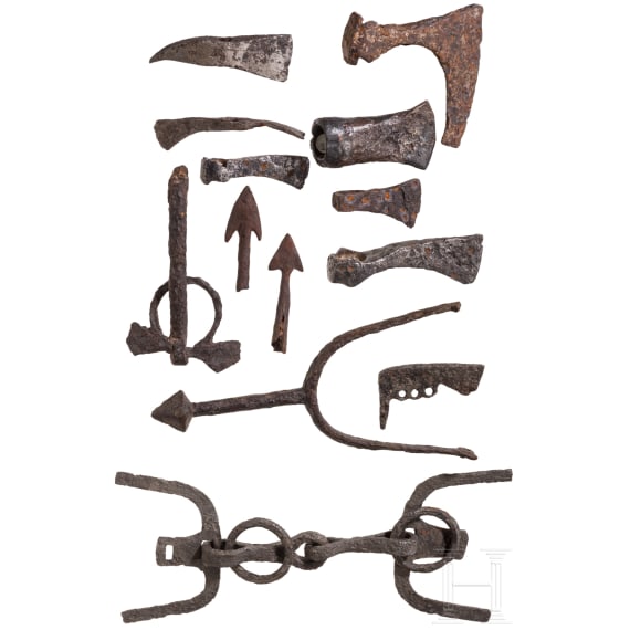 Seven small iron axes, two arrowheads, a fire steel, a spur, a bridle, a fragment of a bridle, Late Iron Age &ndash; High Middle Ages, 7th century B.C. &ndash; 12th century A.D.