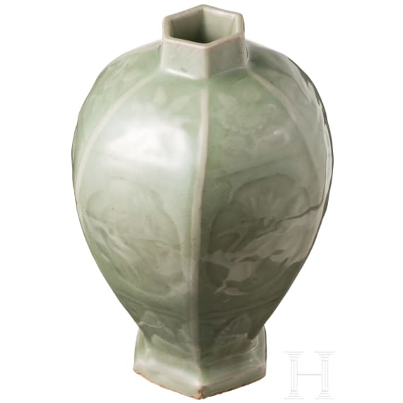 A Chinese hexagonal faceted celadon Meiping vase, probably Ming Dystany