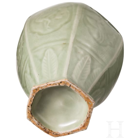 A Chinese hexagonal faceted celadon Meiping vase, probably Ming Dystany