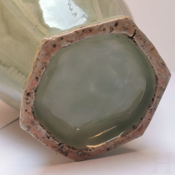 A Chinese hexagonal faceted celadon Meiping vase, probably Ming Dystany