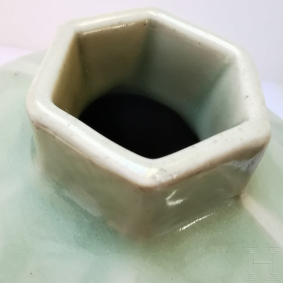 A Chinese hexagonal faceted celadon Meiping vase, probably Ming Dystany