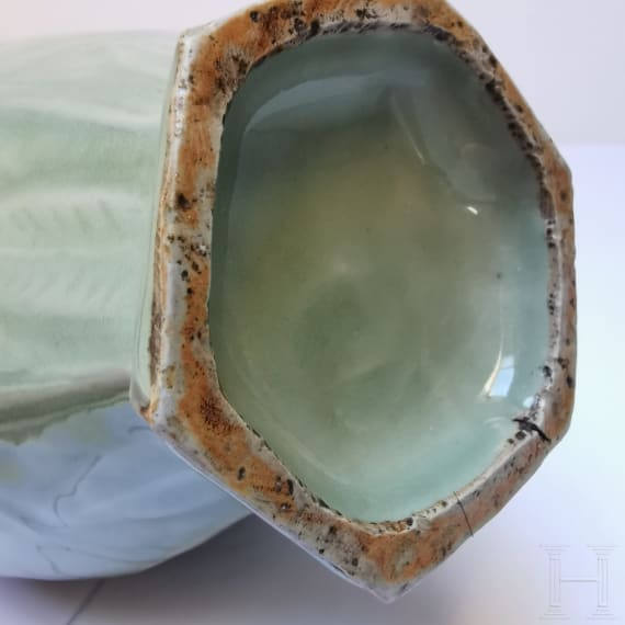 A Chinese hexagonal faceted celadon Meiping vase, probably Ming Dystany
