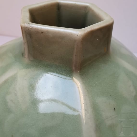 A Chinese hexagonal faceted celadon Meiping vase, probably Ming Dystany