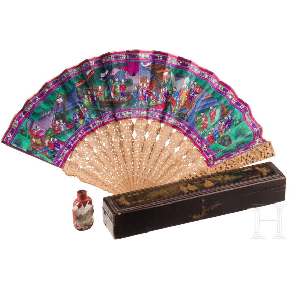 A Canton Fan in Lacquer Case and a Snuff Bottle, China, second half of the 19th century and 20th century