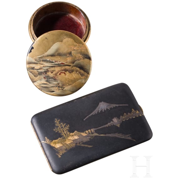 A damascene iron card case and a circular lacquer box, Japan, first half of the 20th century