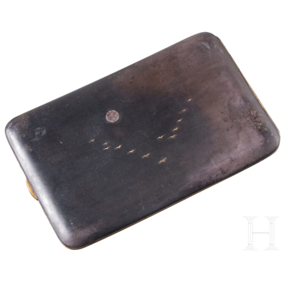 A damascene iron card case and a circular lacquer box, Japan, first half of the 20th century
