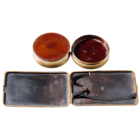 A damascene iron card case and a circular lacquer box, Japan, first half of the 20th century