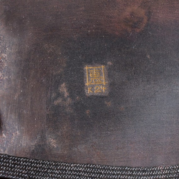 A damascene iron card case and a circular lacquer box, Japan, first half of the 20th century