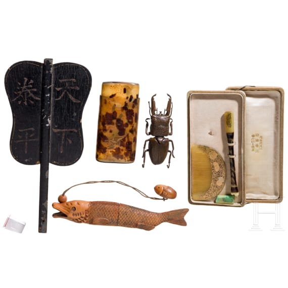 A collection of five objects (fish-shaped inrō case, tortoiseshell etui, gunbai fan, a stag-beetle-shaped bronze box and a kushi and kōgai (comb and hair stick)), Japan, 19th/20th