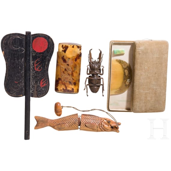 A collection of five objects (fish-shaped inrō case, tortoiseshell etui, gunbai fan, a stag-beetle-shaped bronze box and a kushi and kōgai (comb and hair stick)), Japan, 19th/20th