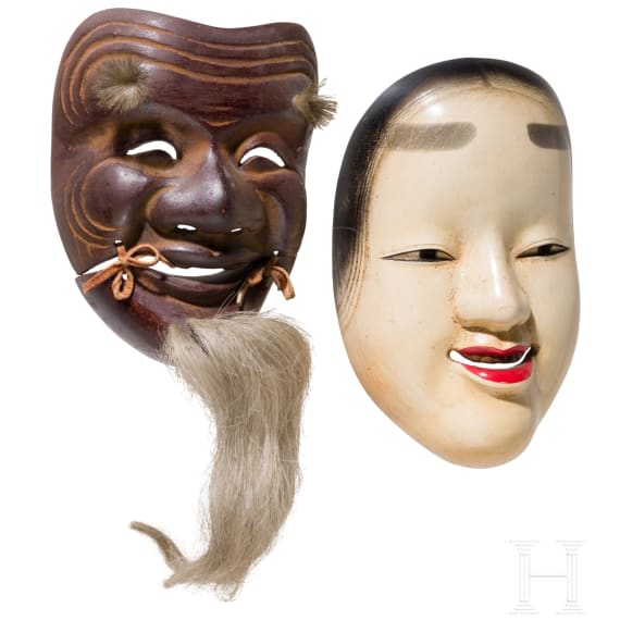 Sechs Masken aus Gusseisen und Holz, Japan, 20. Jhdt.