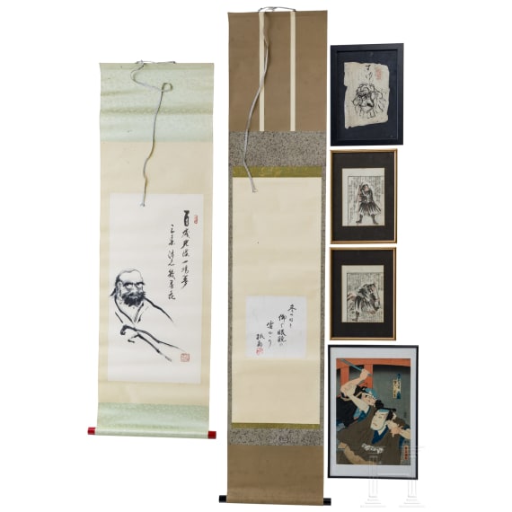 Two Japanese picture rolls and four framed woodcuts, 19th/20th century