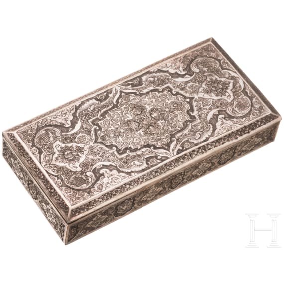 A Persian engraved silver box, 20th century