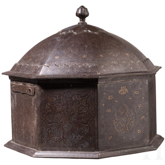 A Lahore gold and silver damascened iron casket, 19th century