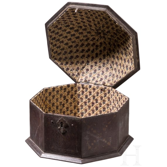 A Lahore gold and silver damascened iron casket, 19th century