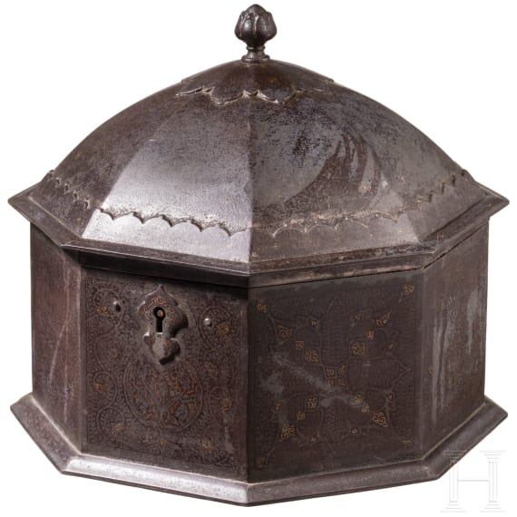 A Lahore gold and silver damascened iron casket, 19th century