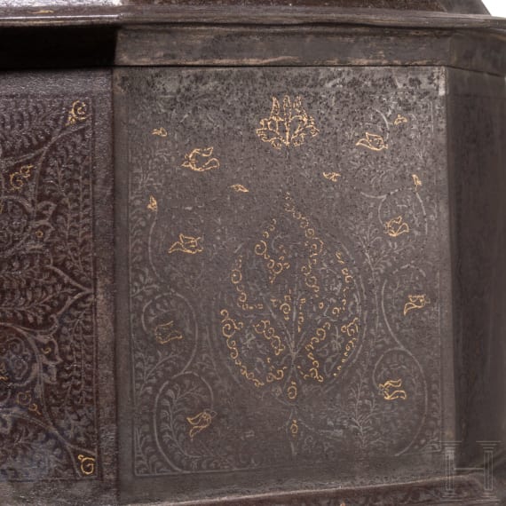 A Lahore gold and silver damascened iron casket, 19th century