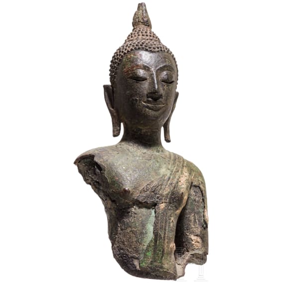 Bronze torso of a Buddha statuette, Hinterindien, Ayutthaya period, 16th&ndash;17th centuries.