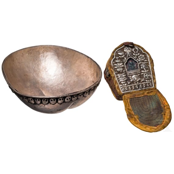 A Tibetan ritual bowl (kapala) and a small travelling altar (Gau), 20th century