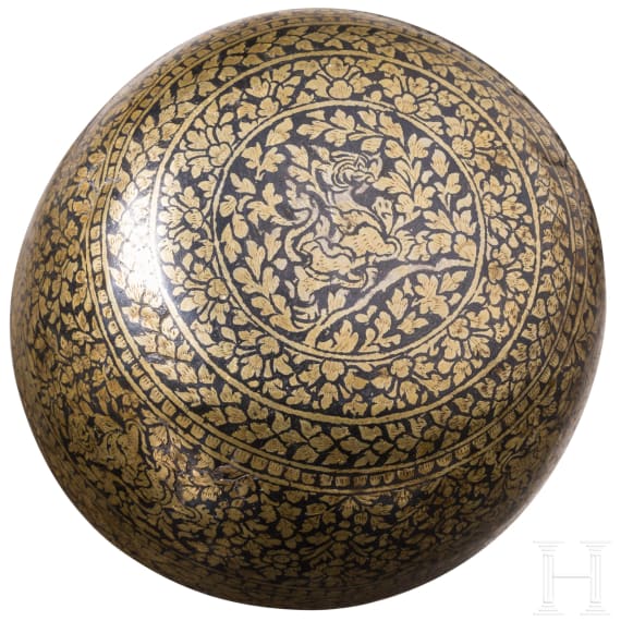 Silver bowl with all-over floral and figurative decoration on the exterior, niello and gilding, Thailand, 19th century.