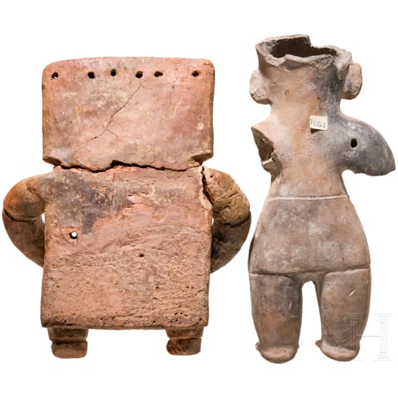 Zwei pr&auml;kolumbische Tonfiguren, Kolumbien, Qimbaya-Kultur/Ekuador, wohl 1000 - 1500 n. Chr.