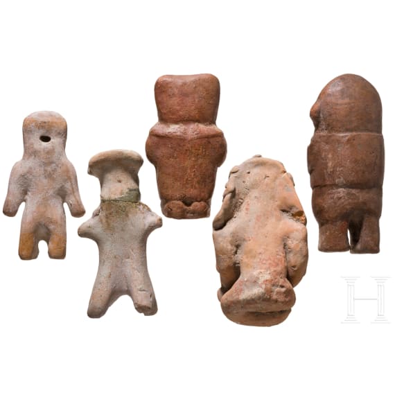 Five Pre-Colombian clay figures, Ecuador, probably 500 - 1500 A.D.